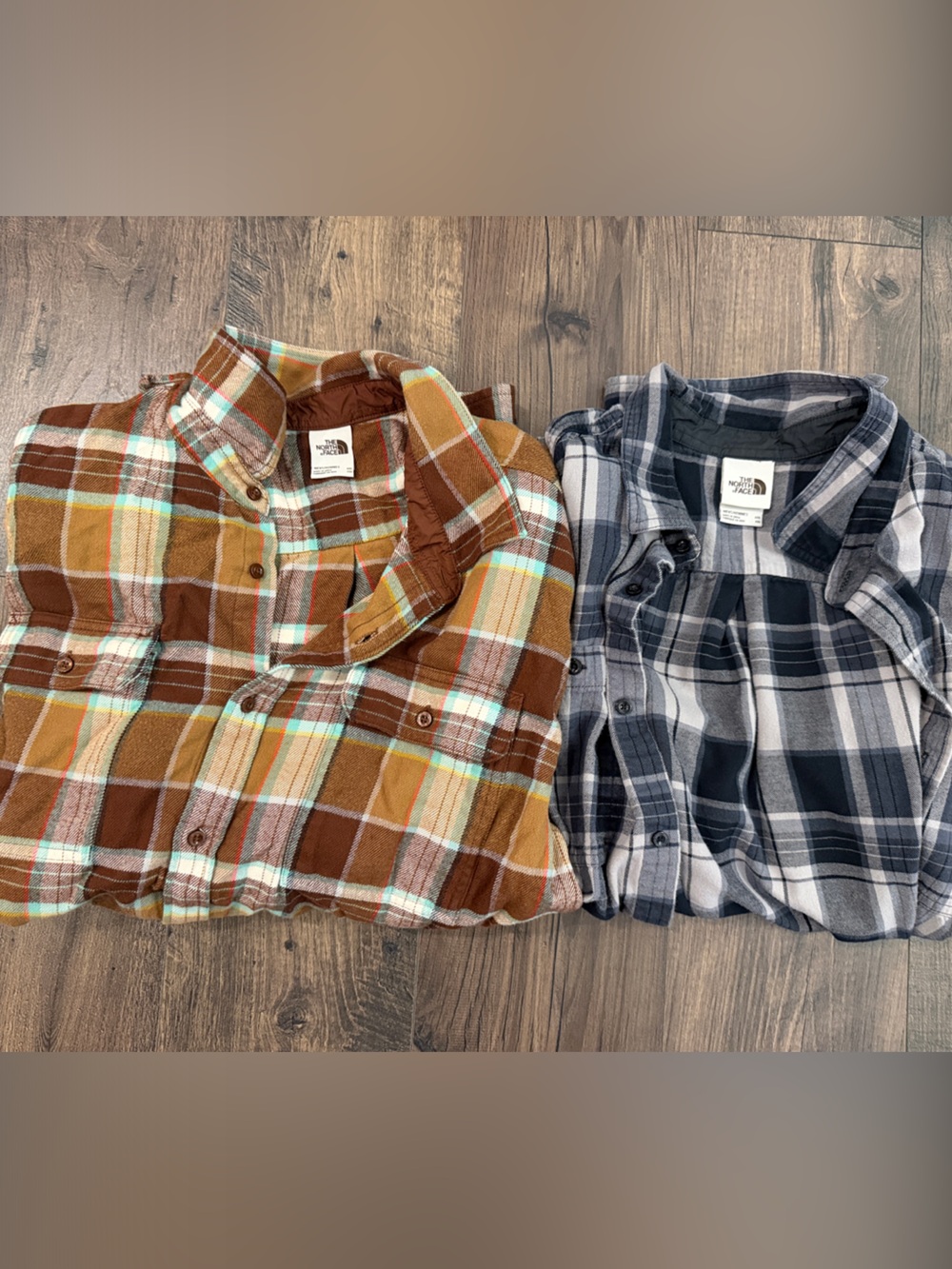 Two Plaid North Face Flannel Shirts - Brown/Yellow & Gray/Black EUC